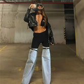 Stitching Jeans High Waist Straight Wide Leg Advanced Personality Chic Pants